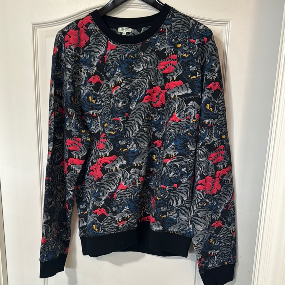 Kenzo Black and Red Crewneck Sweater with Floral Tiger Design, XL